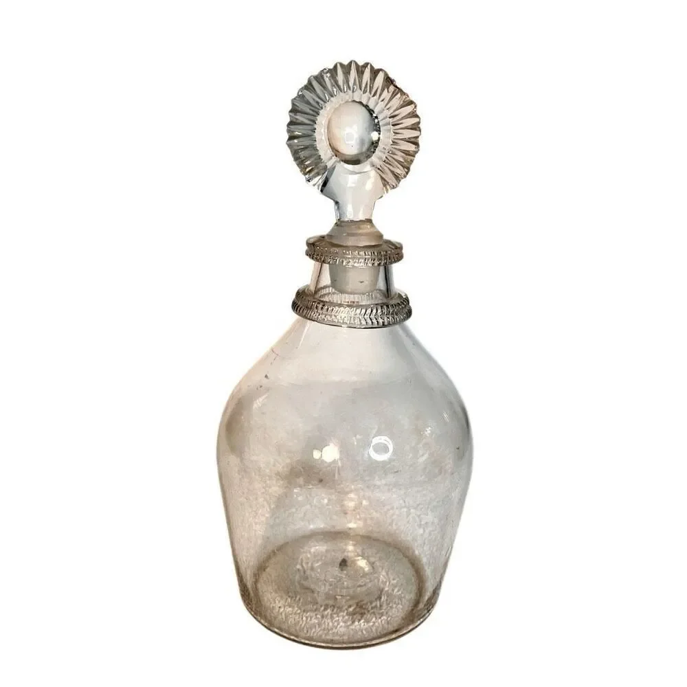 Antique Blown Glass Decanter with Applied Bands And Sunburst Stopper